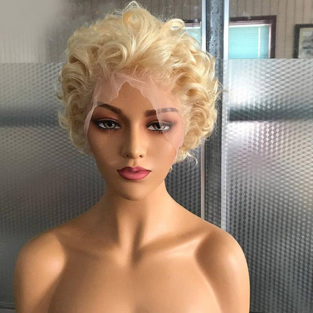 13*1 Lace Front Short Bob Wig Pixie Cut Wig Curly Wavy  Human Hair Wig 613 Blonde