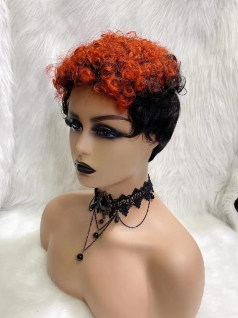 Short Human Hair Wigs Pixie Cut Curly Brazilian Hair for Black Women Machine Made Highlight Color Cheap Glueless Wig