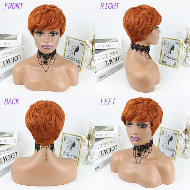 Orange  Short Pixie Cut Straight Hair Wig Peruvian Human Hair Wigs For Black Women 150% Glueless Machine Made Wig
