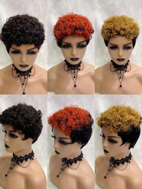 Short Human Hair Wigs Pixie Cut Curly Brazilian Hair for Black Women Machine Made Highlight Color Cheap Glueless Wig