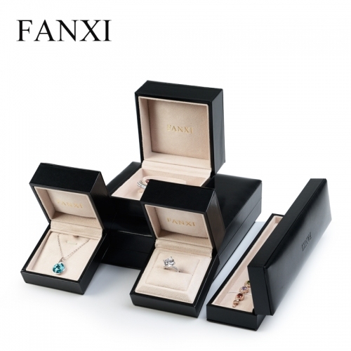 FANXI OEM Black PU leather Jewellery Ring Neclace Bracelet Packing Boxes With Beige Suede Insert Deluxe Custom Logo Jewelry Box