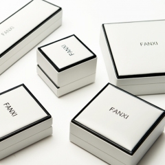 FANXI Custom Logo Luxury White PU Packaging Boxes With Black Edge And Velvet Insert For Ring Necklace Bracelet Leather Jewellery Box