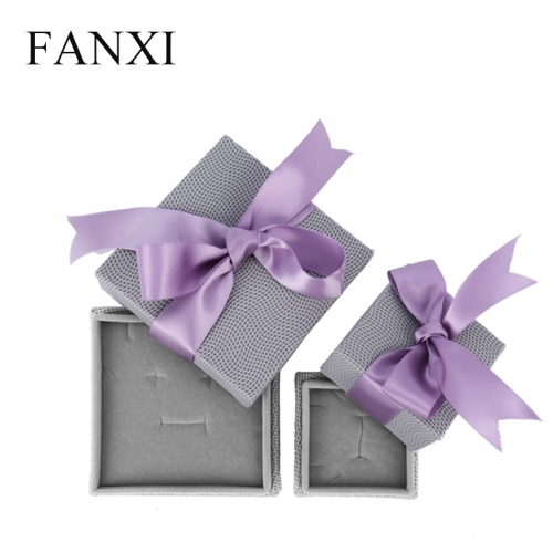 FANXI Gray PU Leather Jewellery Box With Velvet Insert And Purple Ribbon For Ring Necklace Earrings Pendant Wooden Jewelry Box