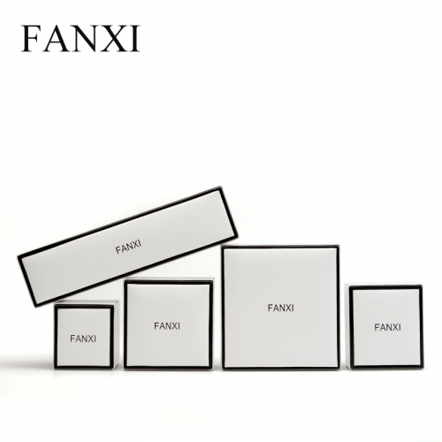 FANXI Custom Logo Luxury White PU Packaging Boxes With Black Edge And Velvet Insert For Ring Necklace Bracelet Leather Jewellery Box