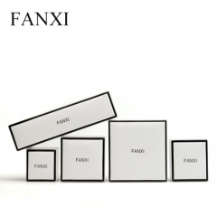 FANXI Custom Logo Luxury White PU Packaging Boxes With Black Edge And Velvet Insert For Ring Necklace Bracelet Leather Jewellery Box