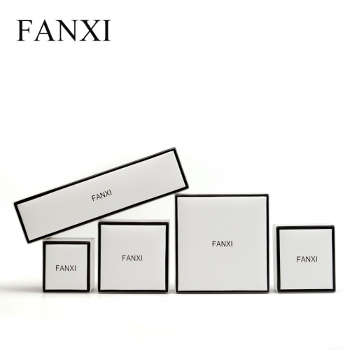 FANXI Custom Logo Luxury White PU Packaging Boxes With Black Edge And Velvet Insert For Ring Necklace Bracelet Leather Jewellery Box
