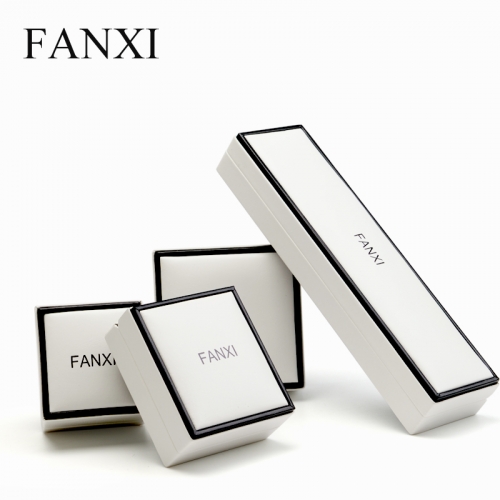 FANXI Custom Logo Luxury White PU Packaging Boxes With Black Edge And Velvet Insert For Ring Necklace Bracelet Leather Jewellery Box