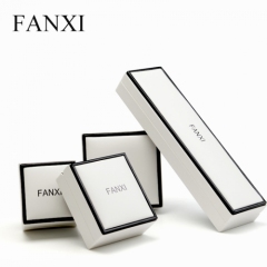 FANXI Custom Logo Luxury White PU Packaging Boxes With Black Edge And Velvet Insert For Ring Necklace Bracelet Leather Jewellery Box