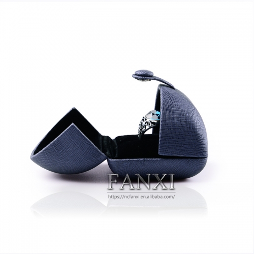 FANXI Custom Logo Jewelry Packaging Boxes With Black Velvet Insert And Button Double Door Blue PU Leather Jewellery Box