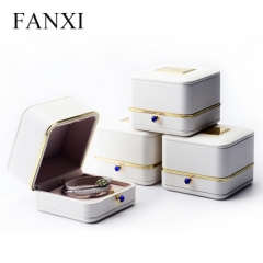 FANXI Custom Metal Laser Logo Gift Boxes With Silk Insert For Ring Necklace Bangle Storage Luxury White PU Leather Jewellery Box