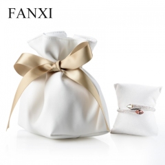 FANXI Custom Logo Soft PU Bag With Gold Ribbon And Suede Pillow For Watch Bangle Bracelet Packaging White Leather Jewelry Pouch