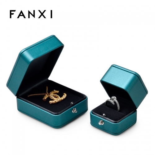 Peacock blue leather jewellery packaging box for pendant ring