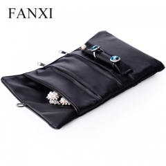 FANXI Wholesale Custom Black PU Jewellery Storage Bag For Ring Earrings Necklace Bracelet Bangle Packaging Travel Leather Jewelry Roll