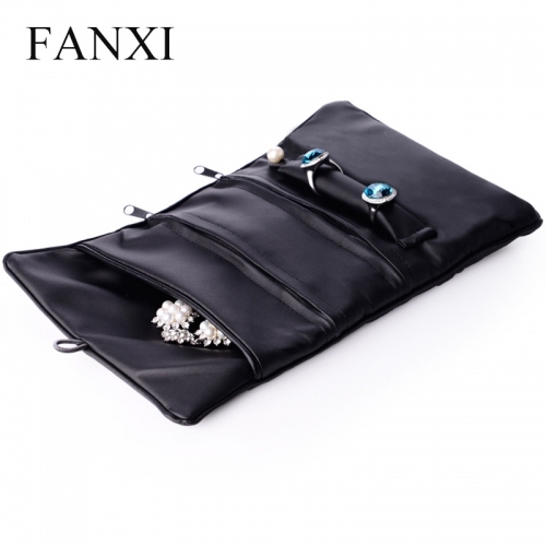 FANXI Wholesale Custom Black PU Jewellery Storage Bag For Ring Earrings Necklace Bracelet Bangle Packaging Travel Leather Jewelry Roll