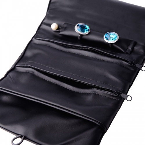 FANXI Wholesale Custom Black PU Jewellery Storage Bag For Ring Earrings Necklace Bracelet Bangle Packaging Travel Leather Jewelry Roll