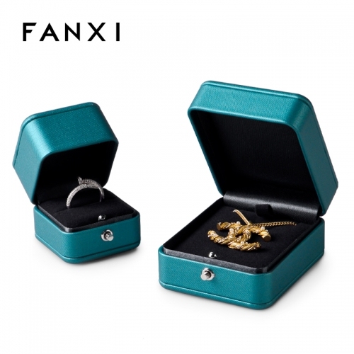 Peacock blue leather jewellery packaging box for pendant ring