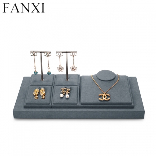 Luxury dark gray PU leahter jewelry display stand set with microfiber