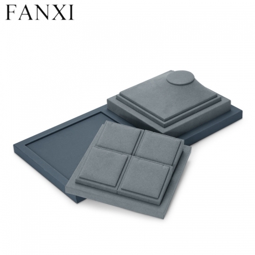 Luxury dark gray PU leahter jewelry display stand set with microfiber
