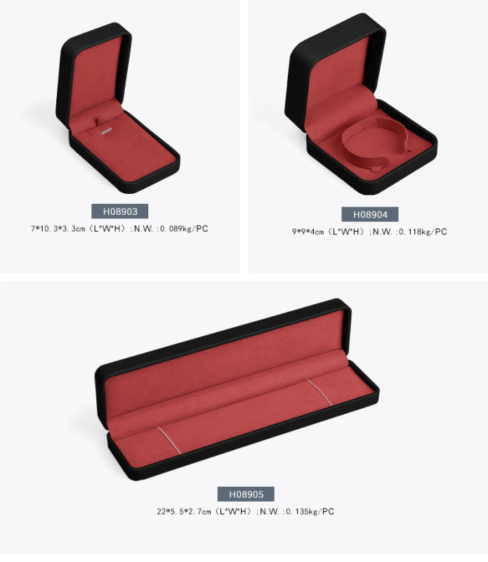 Black PU leather jewelry packing box with red microfiber inside