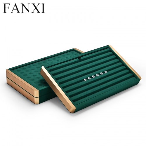 Luxury metal frame jewelry display tray with green microfiber
