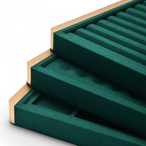 Luxury metal frame jewelry display tray with green microfiber