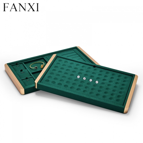 Luxury metal frame jewelry display tray with green microfiber