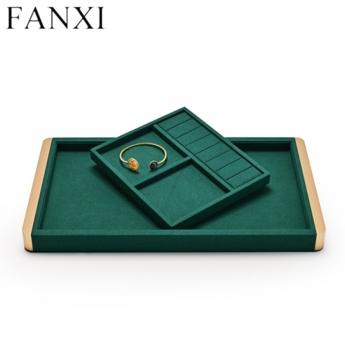 Luxury metal frame jewelry display tray with green microfiber