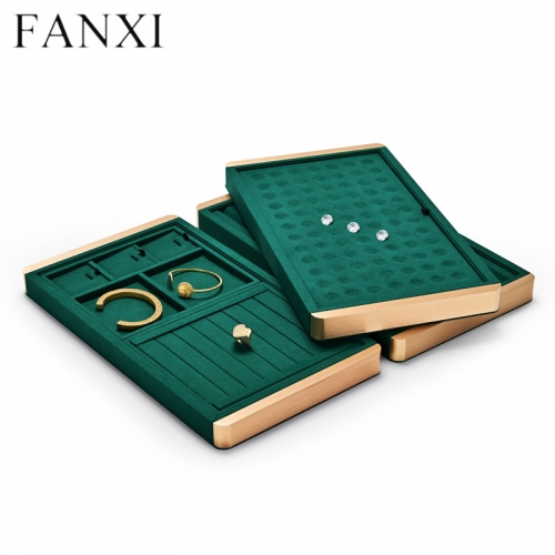Luxury metal frame jewelry display tray with green microfiber