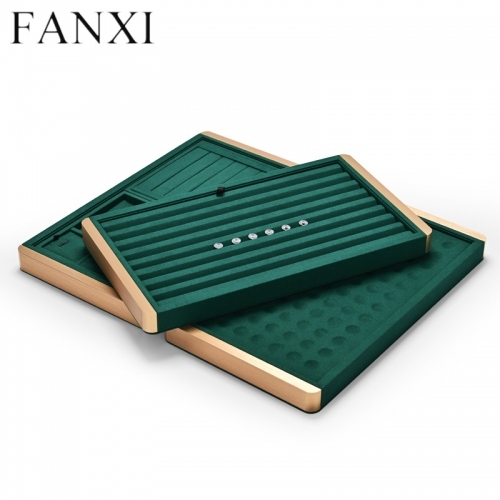 Luxury metal frame jewelry display tray with green microfiber
