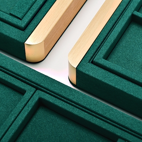 Luxury metal frame jewelry display tray with green microfiber