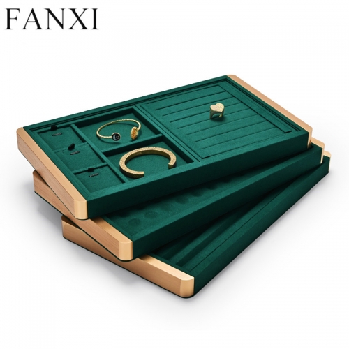 Luxury metal frame jewelry display tray with green microfiber