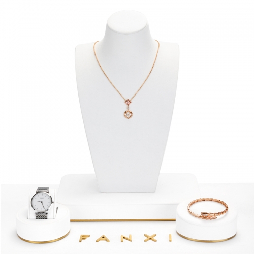 Luxury white jewellery display set with gold metal
