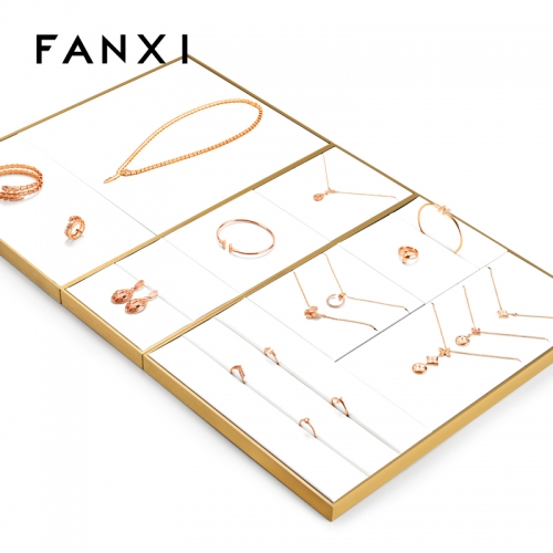 Luxury metal frame jewelry display set with white leather