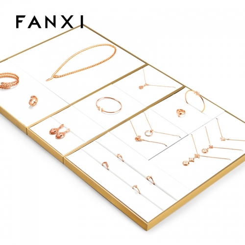 Luxury metal frame jewelry display set with white leather