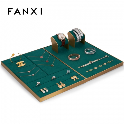 Custom counter metal frame with green microfiber jewelry display stand set exhibitor