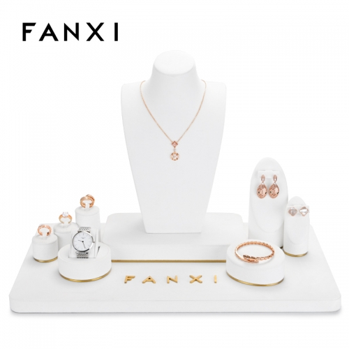 Luxury white jewellery display set with gold metal
