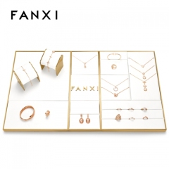 Luxury metal frame jewelry display set with white leather