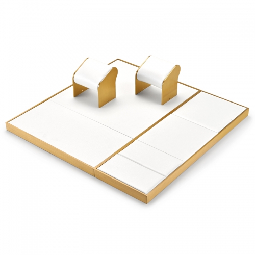 Luxury metal frame jewelry display set with white leather