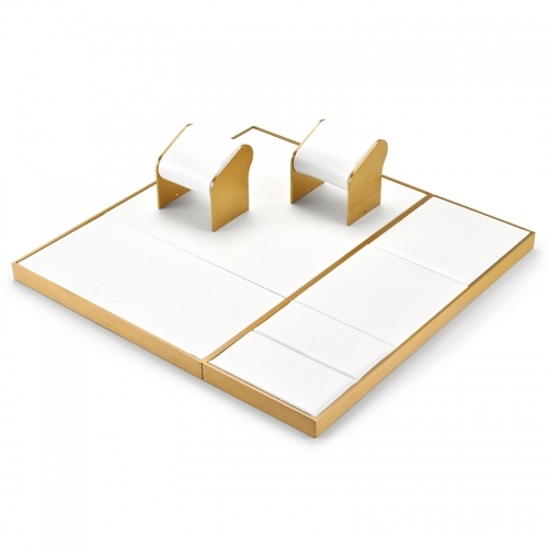 Luxury metal frame jewelry display set with white leather
