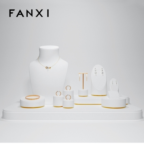 Luxury white jewellery display set with gold metal