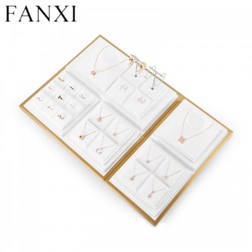 Luxury metal frame jewelry display set with white microfiber