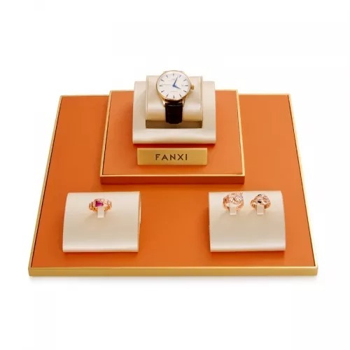 FANXI new arrival luxury metal frame jewelry display set with pu leather
