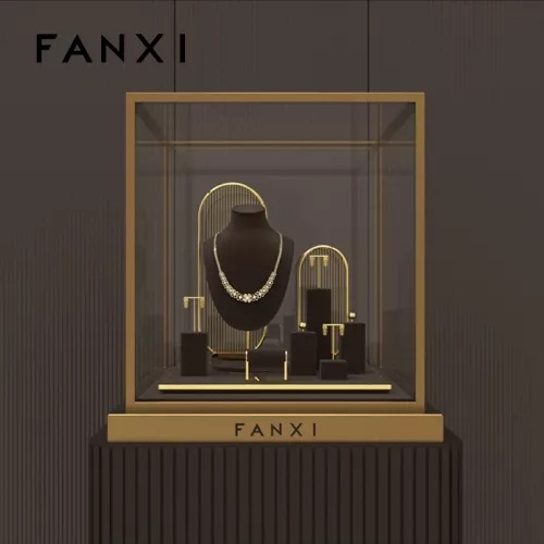 New design metal frame luxury jewelry display stand set with coffee microfiber
