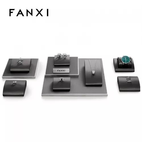 FANXI black luxury metal frame jewelry display set with pu leather