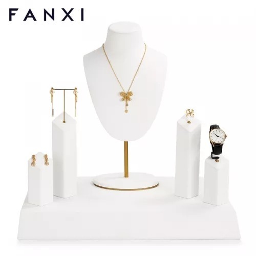 FANXI luxury jewelry display set with white microfiber and metal