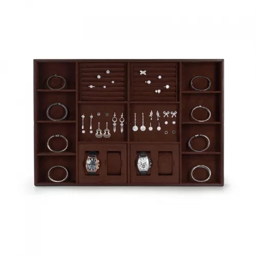 FANXI new design multi function dark brown jewelry display tray for ring earring bangle necklace