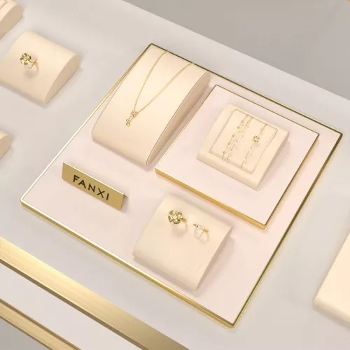 FANXI champagne luxury metal frame jewelry display set with pu leather