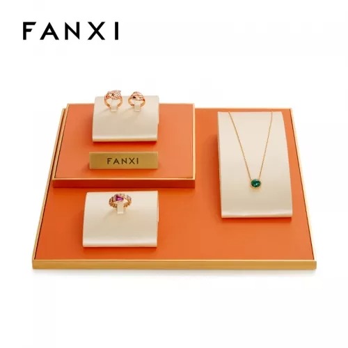 FANXI new arrival luxury metal frame jewelry display set with pu leather