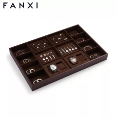 FANXI new design multi function dark brown jewelry display tray for ring earring bangle necklace
