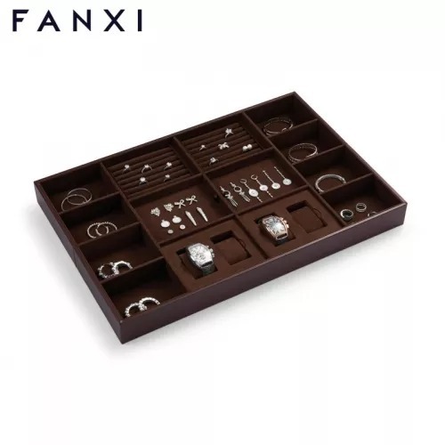 FANXI new design multi function dark brown jewelry display tray for ring earring bangle necklace